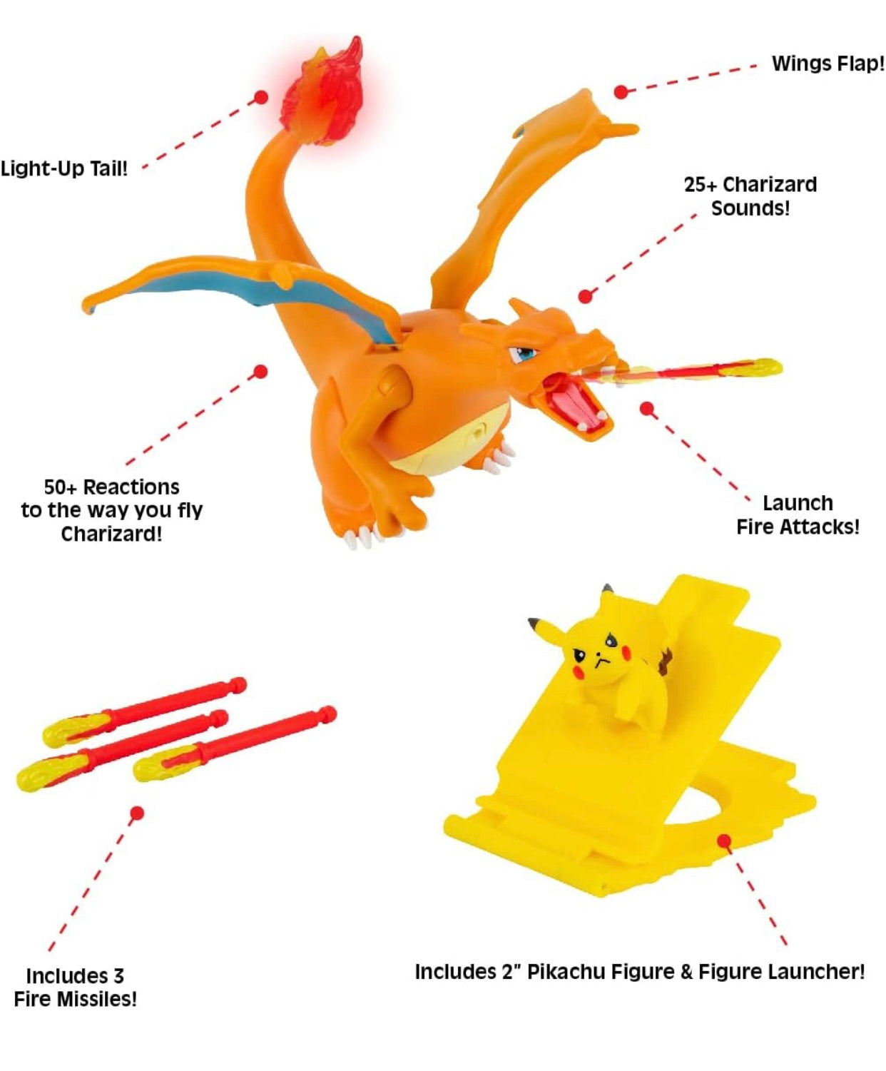 Pokémon Charizard - Figura de lujo de 7 pulgadas, Pikachu Interactivo de 2 pulgadas con lanzador